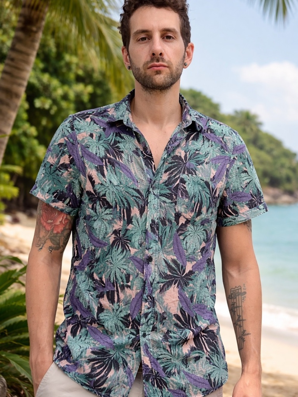 Divided Palm Leaf Short Sleeve Button-Up — Pink, Teal & Purple